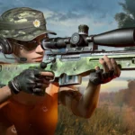 BGMI player character using an AWM sniper rifle with an 8x scope in an open field