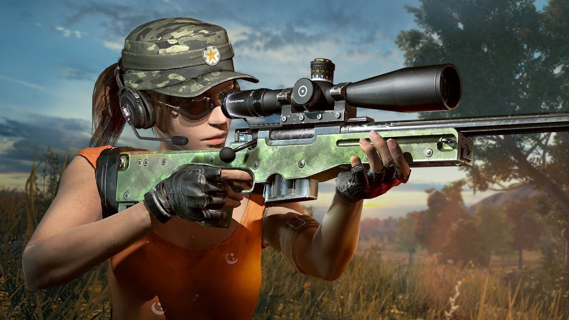 BGMI player character using an AWM sniper rifle with an 8x scope in an open field