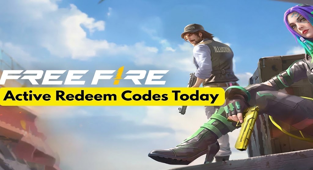 Professional banner for Free Fire active redeem codes, featuring stylized characters and sharp text under a clear sky.