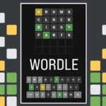 A Wordle game in progress, showing several guesses with green, yellow, and grey letter tiles above a virtual keyboard.