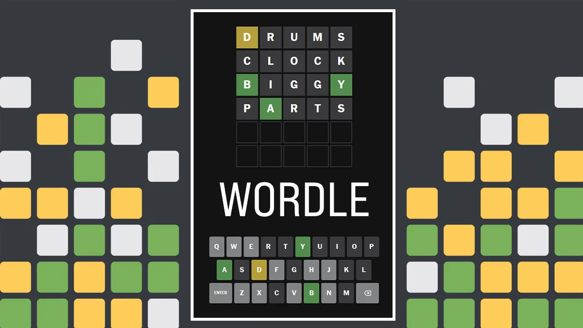 A Wordle game in progress, showing several guesses with green, yellow, and grey letter tiles above a virtual keyboard.